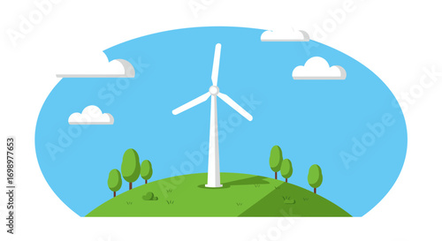 Flat vector illustration of wind turbine on green hill with trees against blue sky and clouds, concept for clean energy future, environmental awareness and sustainable power generation