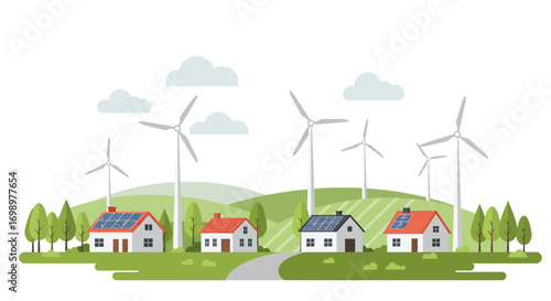 Illustration of houses with solar panels and wind turbines on a green landscape, concept for sustainable living, clean energy solutions and eco-friendly communities