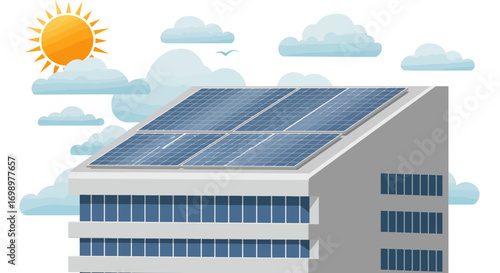 A modern building featuring solar panels on the roof, set against a sunny sky with clouds. Concept for renewable energy, sustainable development and green technology