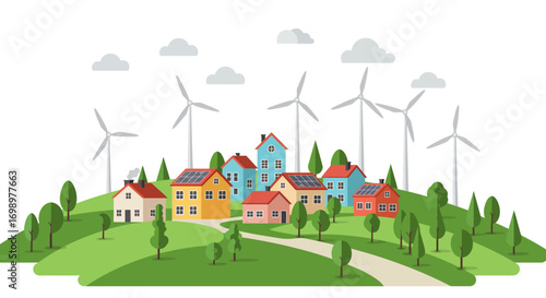 Illustration of a small town with wind turbines and solar panels on rooftops, symbolizing green energy. Concept for renewable energy solutions, sustainable living and environmental awareness campaign