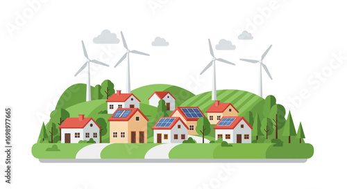 Cartoon illustration showcases a village with solar panels on roofs and wind turbines on hills, concept for renewable energy promotion, eco-friendly lifestyle illustration and sustainable community