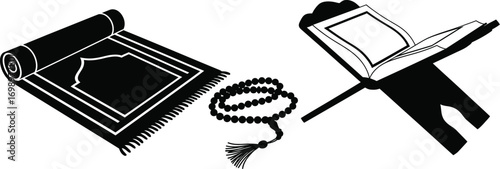 Islamic Items Vector Set: Silhouettes of Prayer Mat, Tasbih, and Qur'an Stand

