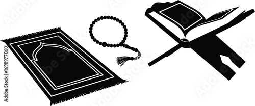 Islamic Items Vector Set: Silhouettes of Prayer Mat, Tasbih, and Qur'an Stand

