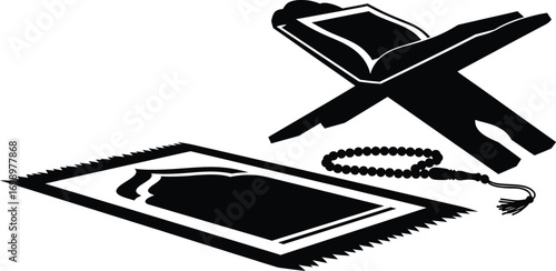 Islamic Items Vector Set: Silhouettes of Prayer Mat, Tasbih, and Qur'an Stand

