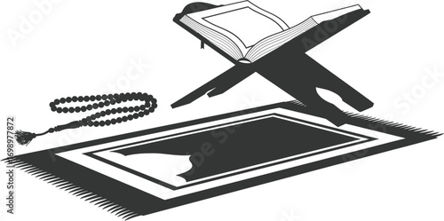 Islamic Items Vector Set: Silhouettes of Prayer Mat, Tasbih, and Qur'an Stand

