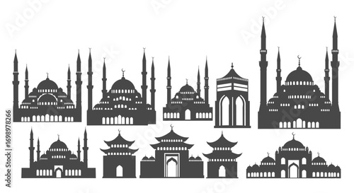 Islamic Mosque Silhouettes Vector Set: Diverse Architectural Styles