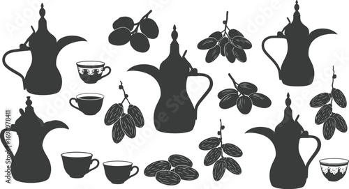 Islamic Food & Drink Vector Set: Silhouettes of Traditional Arabic Coffee Pots, Teacups, and Dates


