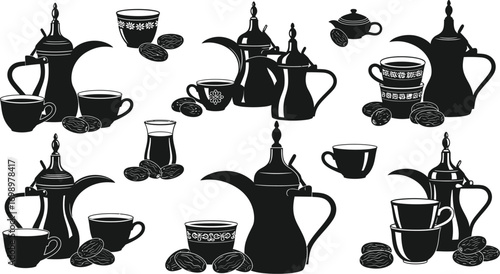Islamic Food & Drink Vector Set: Silhouettes of Traditional Arabic Coffee Pots, Teacups, and Dates

