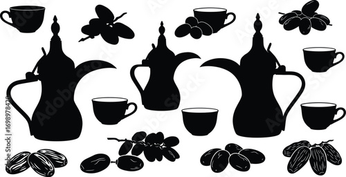 Islamic Food & Drink Vector Set: Silhouettes of Traditional Arabic Coffee Pots, Teacups, and Dates

