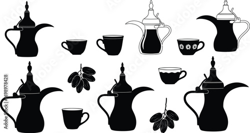 Islamic Food & Drink Vector Set: Silhouettes of Traditional Arabic Coffee Pots, Teacups, and Dates

