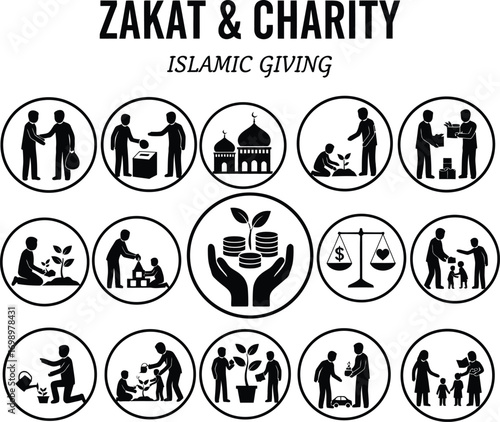 Islamic Festive Vector Set: Zakat & Charity Silhouettes Representing Acts of Giving