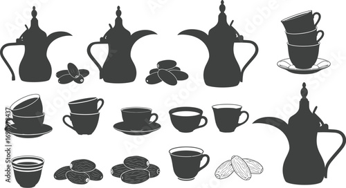 Islamic Food & Drink Vector Set: Silhouettes of Traditional Arabic Coffee Pots, Teacups, and Dates

