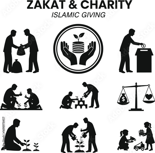 Islamic Festive Vector Set: Zakat & Charity Silhouettes Representing Acts of Giving