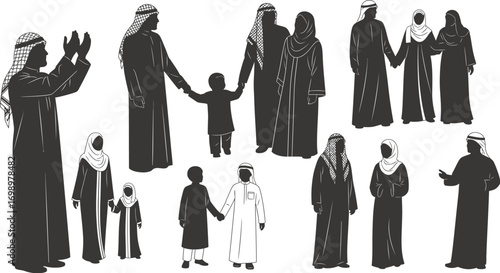 Islamic Festive Vector Set: Silhouettes of People in Traditional Clothing

