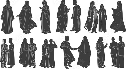 Islamic Festive Vector Set: Silhouettes of People in Traditional Clothing


