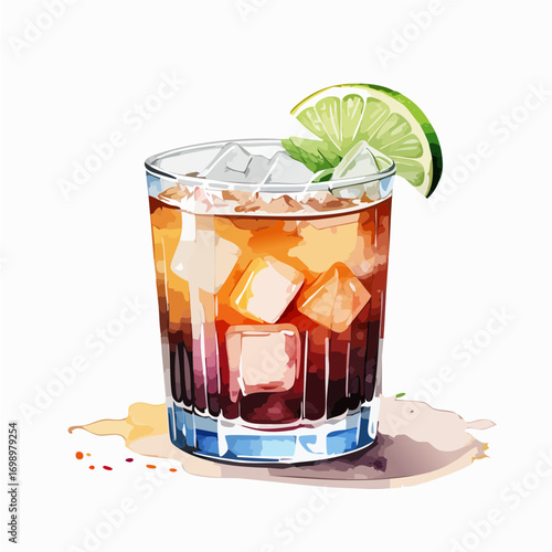 Black Russian Cocktail Vector Set — Dark Vodka and Coffee Liqueur Drink with Ice and Lime