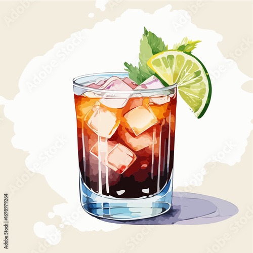 Black Russian Cocktail Vector Set — Dark Vodka and Coffee Liqueur Drink with Ice and Lime
