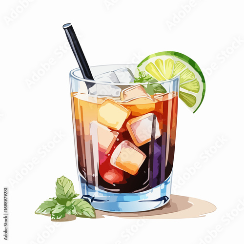 Rum and Cola Cocktail Vector Set — Classic Dark Mixed Drink with Lime and Ice