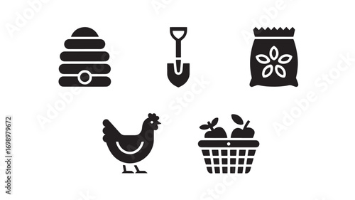 Beehive shovel fertilizer chicken and fruit basket icons represent sustainable farming and gardening