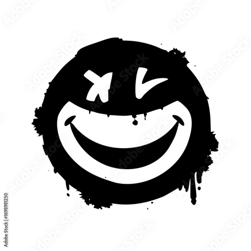 Grungy black and white smiling face icon with dripping paint style
