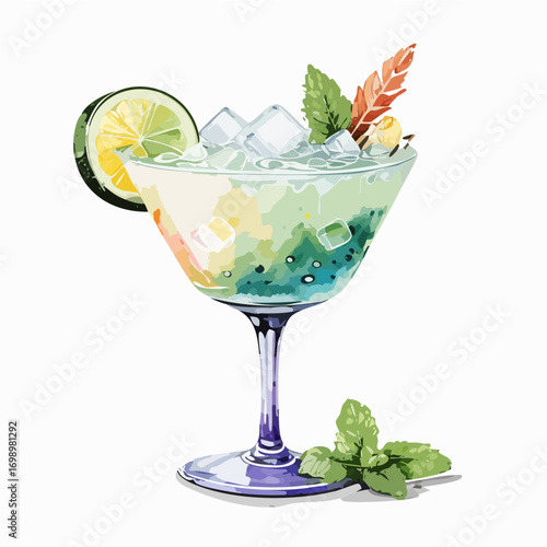 Cucumber Mint Gimlet Cocktail Vector — Refreshing Green Summer Drink with Citrus and Ice