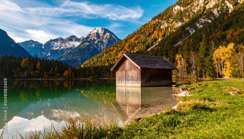 Fototapeta premium Tranquil wooden boathouse nestled on a placid lake, reflecting the majestic autumnal mountains.