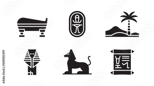 Ancient Egypt Icon Set Sarcophagus Cartouche Palm Tree Sphinx Anubis Papyrus