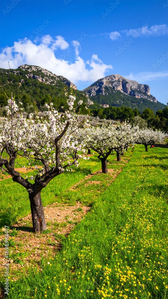 Naklejka premium Blossoming fruit trees in a sunny meadow, mountains in the background