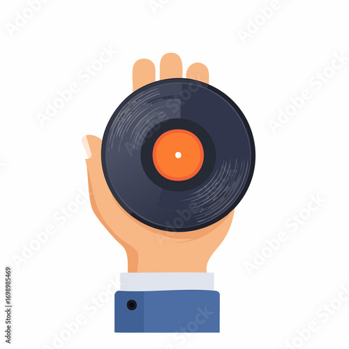 Hand Holding A Black Vinyl Record With Orange Center