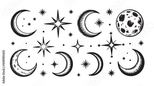 Celestial Collection Hand-drawn Moons Stars and Celestial Bodies