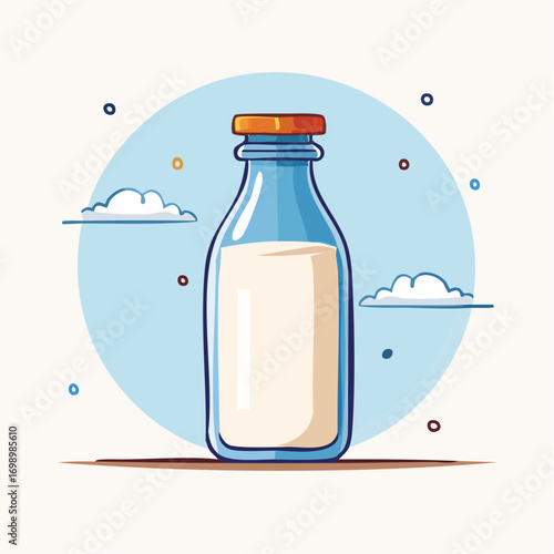 Pixel Art Glass Milk Bottle With Orange Cap On Table Against Blue Sky