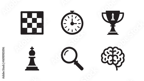 Chessboard timer trophy chess piece magnifier and brain icons represent strategy competition and intellect