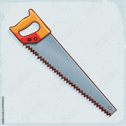 Hand Saw With Orange and Red Handle On Textured Light Blue Background