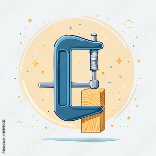 Blue C Clamp Holding Wooden Block On Beige Circle