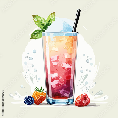 Raspberry Fizz Cocktail Vector — Sparkling Summer Drink with Berries, Mint, and Ice