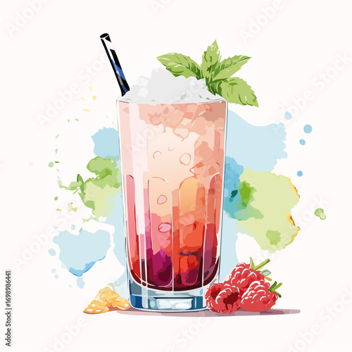 Raspberry Fizz Cocktail Vector — Sparkling Summer Drink with Berries, Mint, and Ice