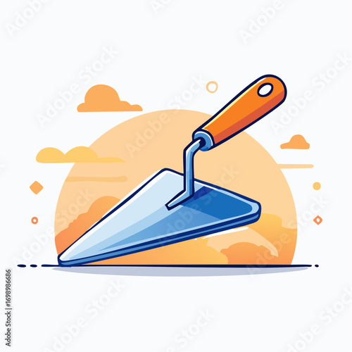 Blue Trowel With Orange Handle Against Sunset Sky