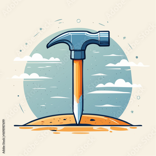 Pixel Art Hammer In The Ground With Clouds