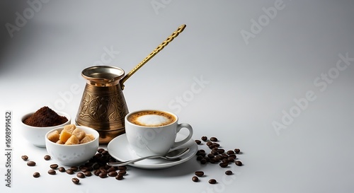 Traditional turkish coffee preparation with creamy cappuccino and sugar cubes