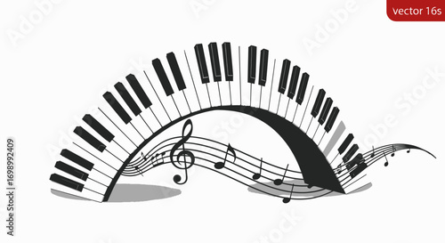 Abstract musical composition featuring piano keys and floating musical notes on white backdrop