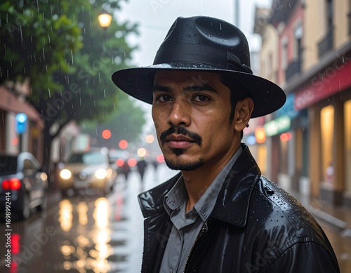 A man wearing a black hat and jacket stands in a rainy city street, his serious expression capturing the mood of a cloudy day.