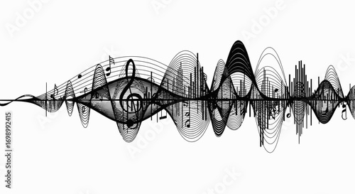 Abstract musical composition showcasing sound waves, treble clef, and rhythm elements for a