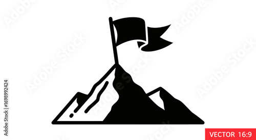 Achieving goals and conquering challenges with a flag on a mountain peak illustration