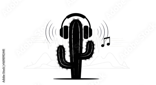 Auditory cactus illustration showcases sound waves and musical notes for a lively scene