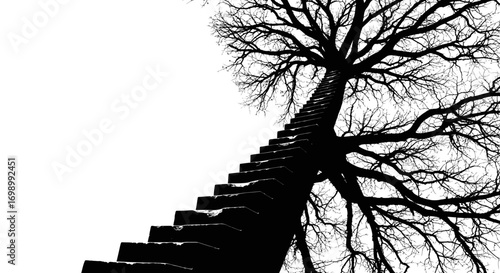 Ascending silhouette staircase entwined with stark tree branches against minimalist white background