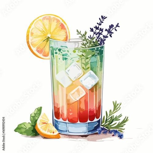 Thyme Lemonade Cocktail Vector — Bright Iced Drink with Fresh Herbs, Citrus, and Black Straw
