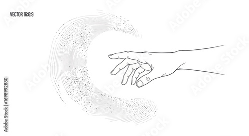Divine touch concept with linear hand reaching out to swirling stardust energy field