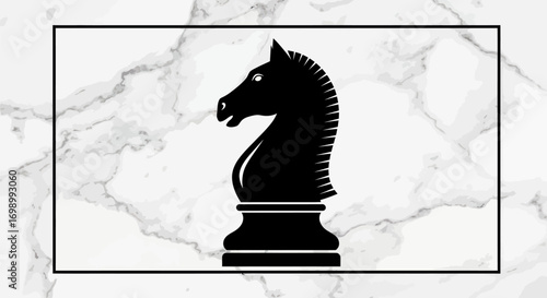 Elegant black knight chess piece illustration on a luxurious marble background for a modern design
