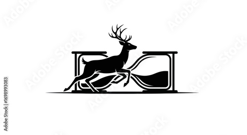 Elegant graphic design depicting a deer leaping over a stylized hourglass time concept