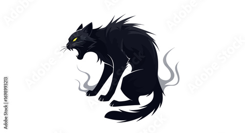Illustration of a menacing black cat with glowing yellow eyes and a tense posture